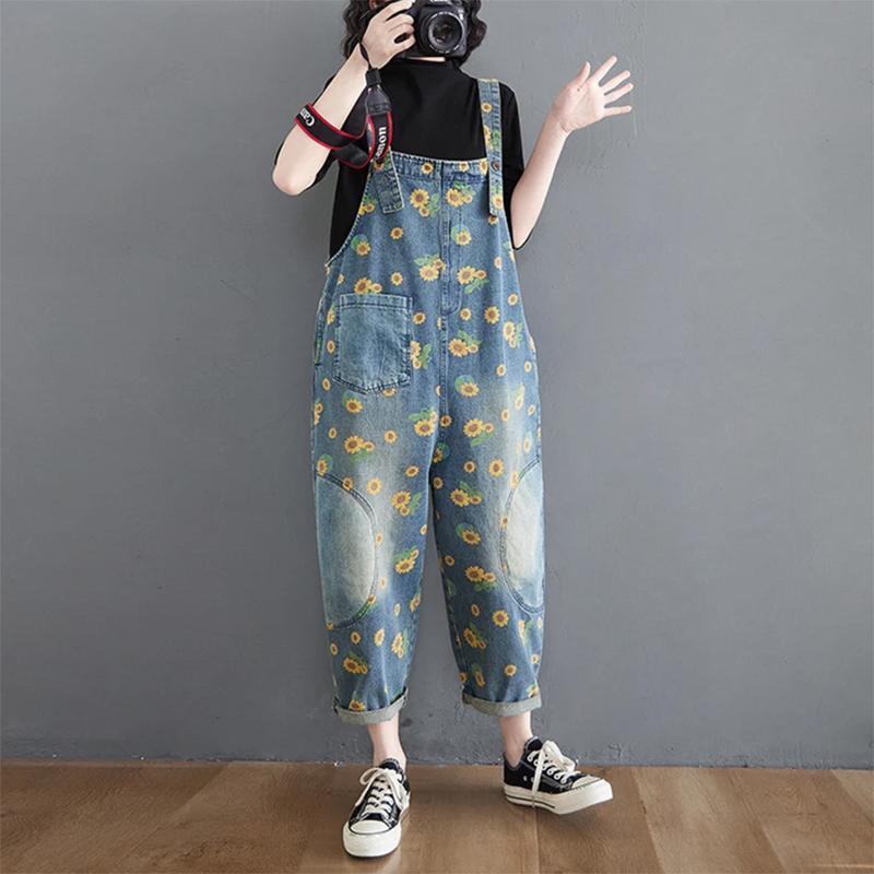 Jeans-Overalls für Damen, Jumpsuits mit Sonnenblumen-Print, lockere Hose mit weitem Bein, übergroße Baggy-Hose für Damen, Retro-Hose XXL