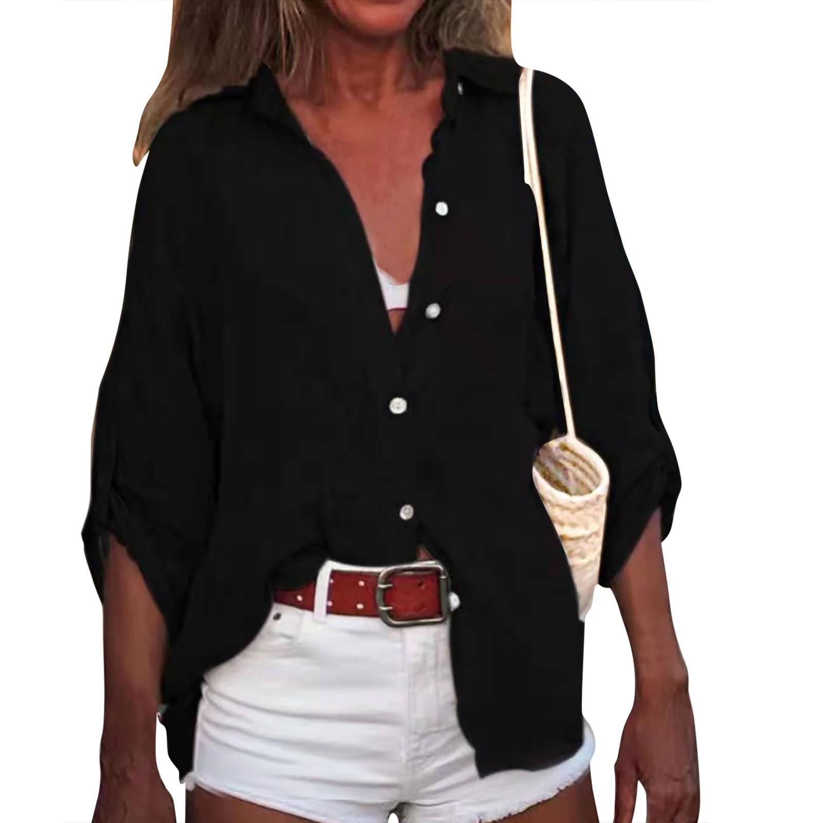 Damen-Sommer-Hemd aus Baumwolle und Leinen, einfarbig, Sieben-Punkt-Ärmel, V-Ausschnitt, lockeres Hemd L schwarz
