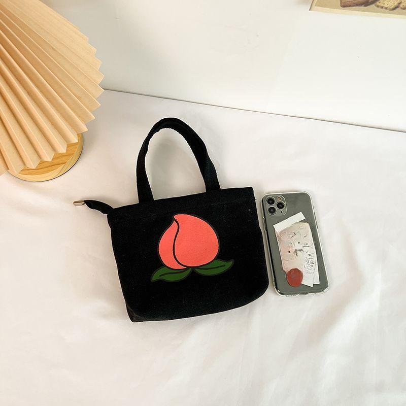 Damenhandtasche Pfirsich-Print Canvas-Tasche Schlicht und vielseitig Aus der Hand Tasche Shopping Handy-Tasche Tragbare kleine Handtasche 17*3.5*14cm schwarz