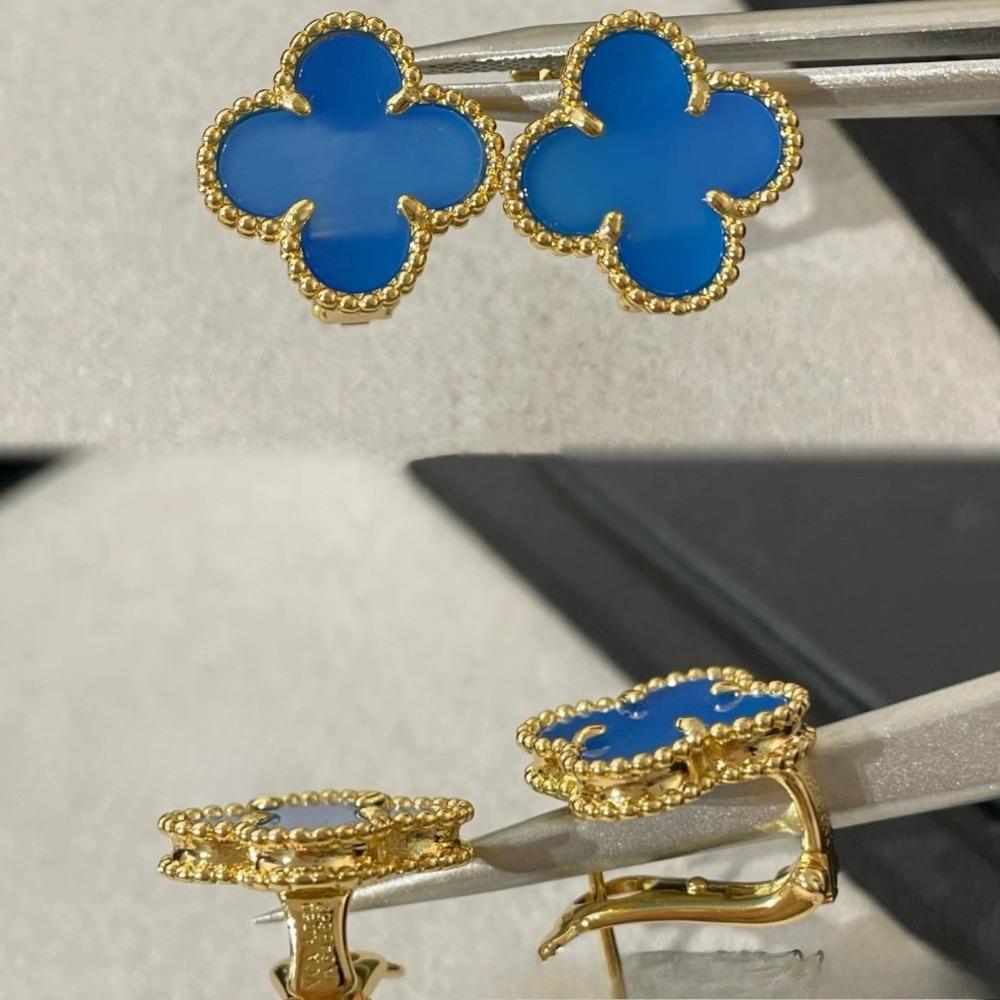 Vierblättriges Kleeblatt Neue Ohrringe Roter Chalcedon 18k Roségold Vierblättriges Kleeblatt Ohrringe Damen Leichter Luxus High-End Modeohrringe gold blau