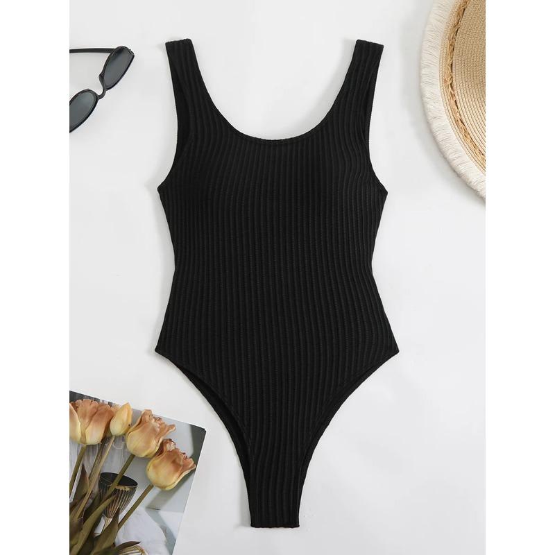 2025 Gestreifter Einteiliger Badeanzug Damen Sexy Träger-Bademode Weiblich Einfarbig Badende Badeanzug Schwimmen Badeanzug Strandbekleidung L schwarz