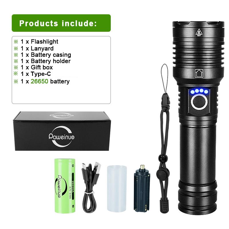 Ultrahelle 100000 Lumen LED-Taschenlampe, wiederaufladbare Handtaschenlampe, Hochleistungs-LED-Taschenlampe, Zoom, tragbare Laterne 26650 with 26650, box