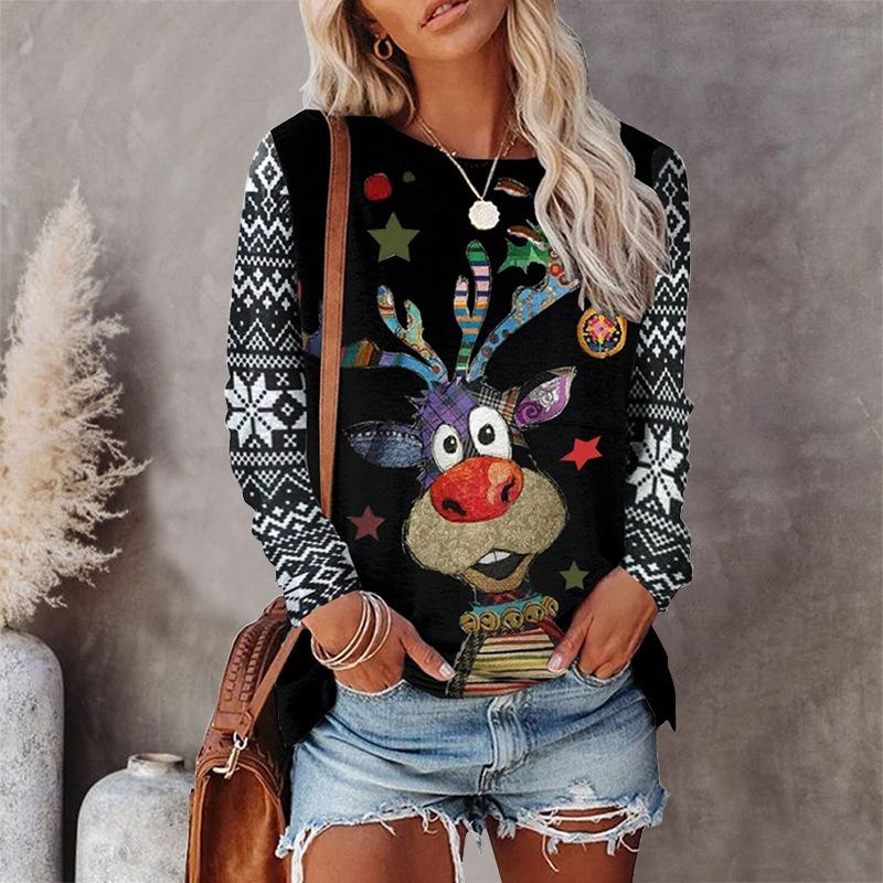 3D-Druck niedlicher kleiner Esel T-Shirts Damen Tops Langarm O-Ausschnitt Pullover Femme T-Shirts T-Shirt für Frauen 2XL schwarz