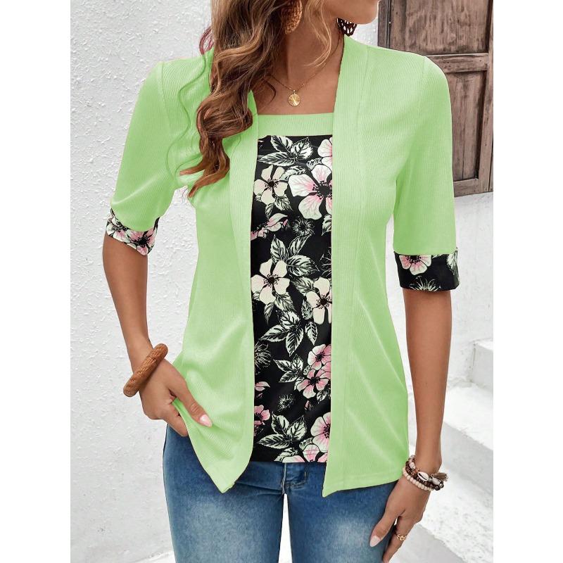 Damenmode Casual Sommer Frühling Blumenmuster Druck Kurzarm Quadrat Kragen Blusen & Hemden XXXXL hellgrüne