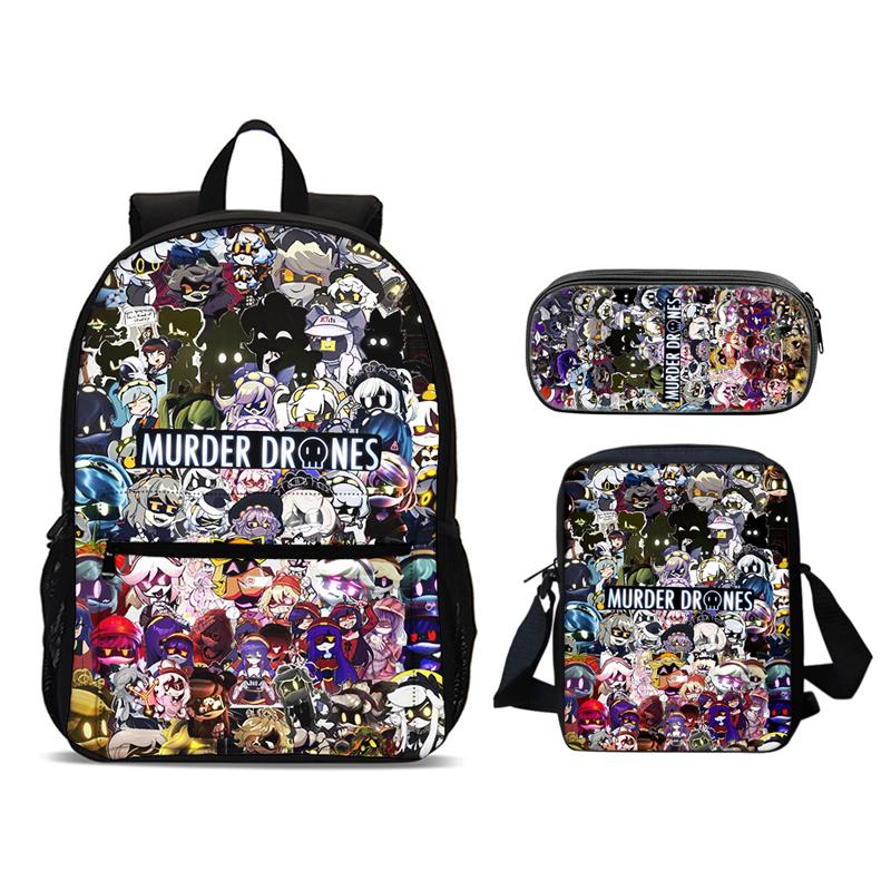 Murder Drones 3-teiliges Set Rucksack 47cm/18.5inch Großer Fassungsvermögen Rucksack Umhängetasche Federmäppchen Schultaschen für Jungen Mädchen Bestes Geschenk