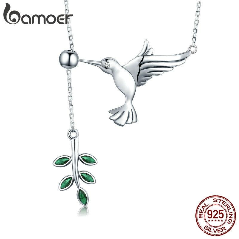Bamoer Authentisches 925er Sterling Silber Frühlingsvogel & Baumblatt Blätter Dangle Anhänger Halskette Für Frauen Silberschmuck Scn217 white