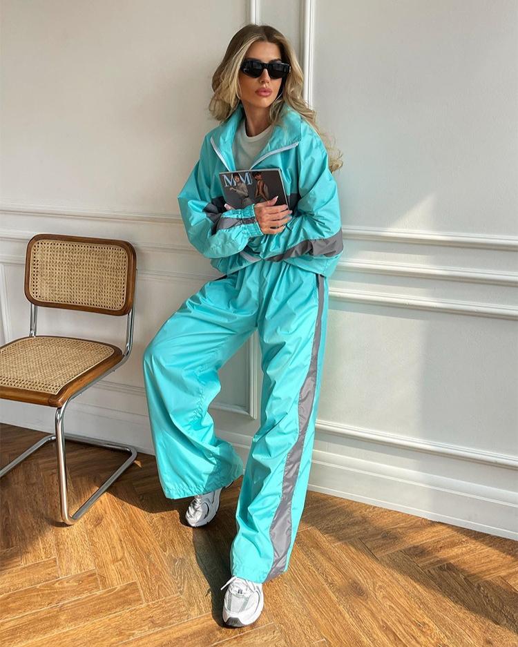 FLARORA Mode Color-Blocking 2-teilige Sets Damen Langarm Reißverschluss Lockere Jacken und Gerade Bein Hosen Outfits Street Trainingsanzüge S see-blaue