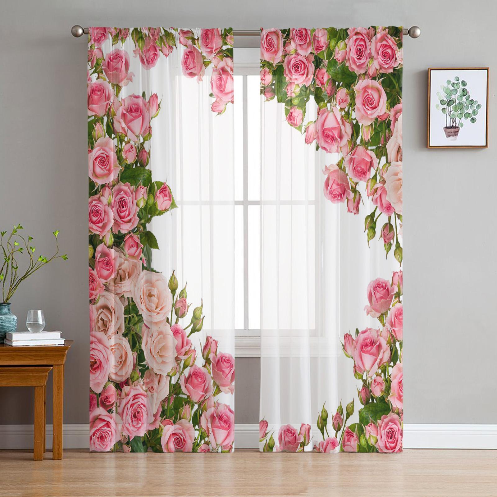 Rosa Rosen-Blumenstrauß, weißer Chiffon, durchsichtige Vorhänge für Wohnzimmer, Schlafzimmer, Heimdekoration, Fenster, Voiles, Tüll-Vorhänge W135 x H137cm x1