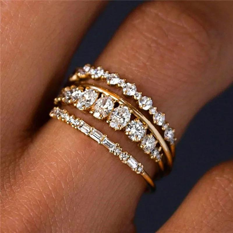 4 Teile/satz Weiß Zirkon Verlobungsringe Set für Frauen Klassische Gold Farbe Hochzeit Ring Schmuck Geschenk 12 gold