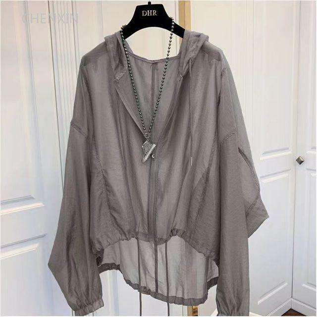Jacken Damen mit Kapuze, Sommer, Sonnenschutz, Reißverschluss, Mäntel, dünn, locker, durchsichtig, Oberbekleidung, atmungsaktiv, leichte Kleidung, Schwarz XXXXL grau