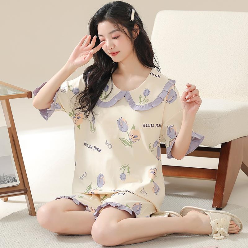 Sommer-Pyjama-Set mit karierten Shorts und süßem Kaninchen-Pyjama aus Baumwolle, lässige Nachtwäsche für Damen, Pyjama mit O-Ausschnitt, Heimkleidung M