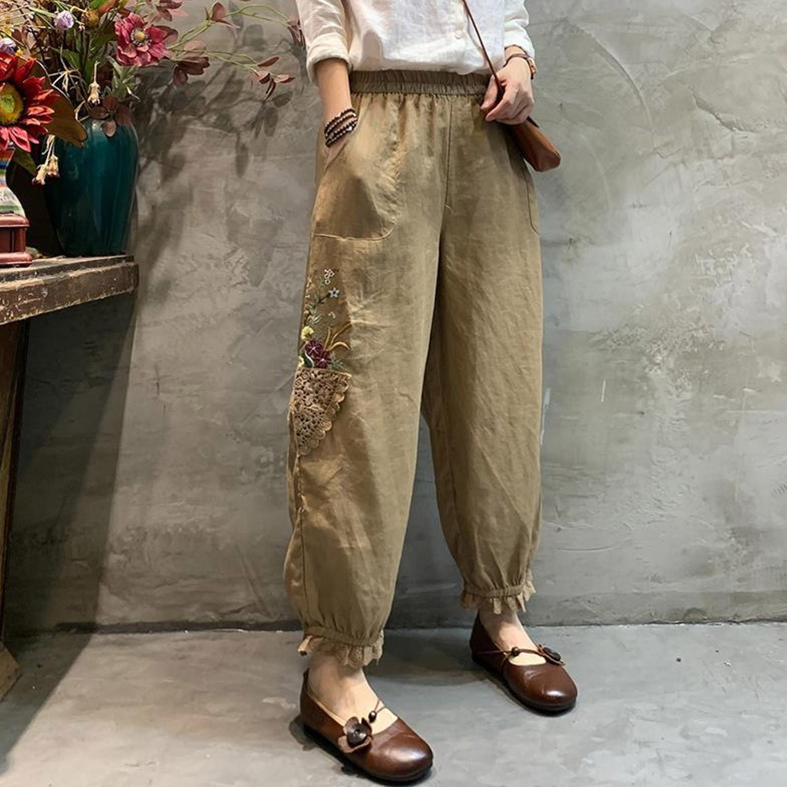 Damen Freizeithose Bequeme Tasche Elastische Atmungsaktive Hose Baumwolle Leinen Harajuku Locker Bundhose Koreanische Mode Hose XXXXL khaki
