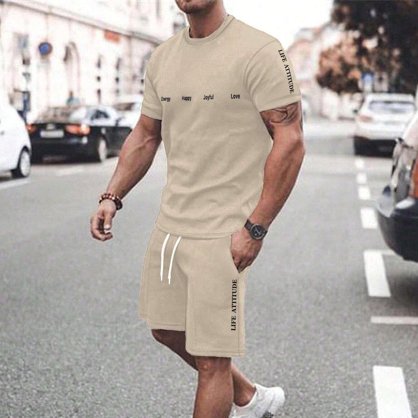 Manfinity Homme Herren-Set mit Buchstaben-Print, Rundhalsausschnitt, kurzärmligem T-Shirt und Shorts XXL