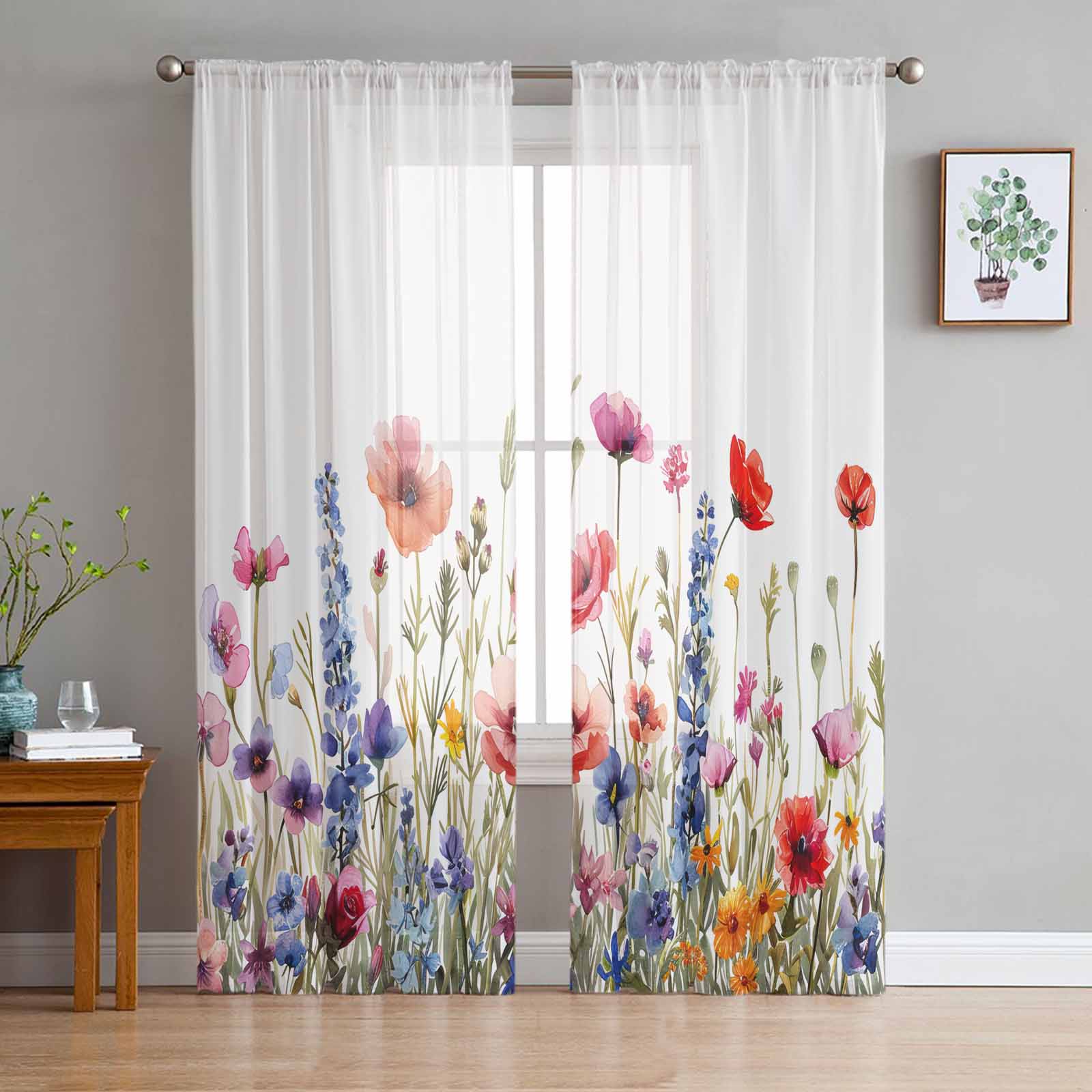 Blumenpflanze Aquarell Blätter Daisy Sheer Vorhänge für Wohnzimmer Dekoration Fenster Vorhänge Küche Tüll Voile Vorhänge W135 x H115cm x1 white