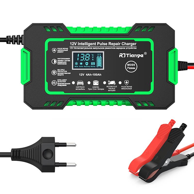 12 V/6 A Autobatterie-Ladegerät, Touchscreen, vollautomatische Impulsreparatur für Motorrad, Moto, Blei-Säure-AGM-Gel, VRLA, intelligentes Schnellladen grün