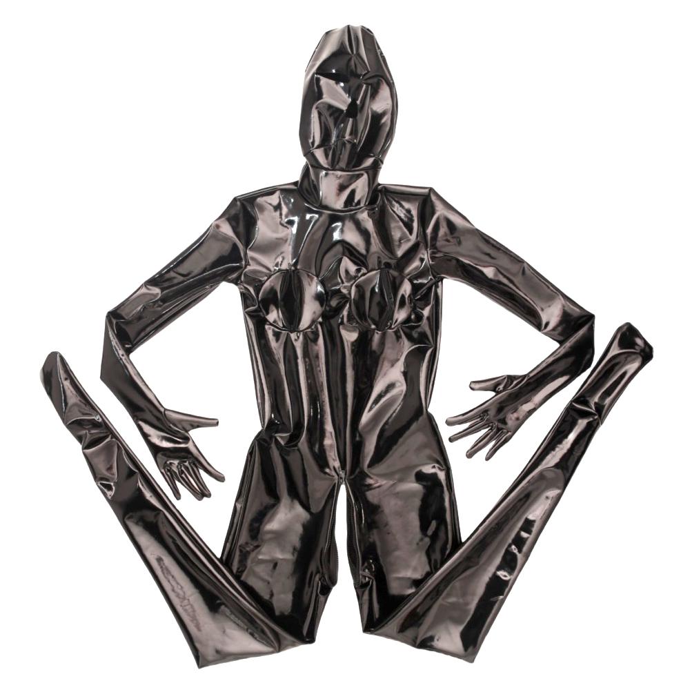 Sexy Cosplay Maid Ganzkörperanzug Latex Elastisch Sexy Eng PU Kunstleder Öl Glänzend Catsuit Bodycon Handschuh Ärmel Jumpsuit M