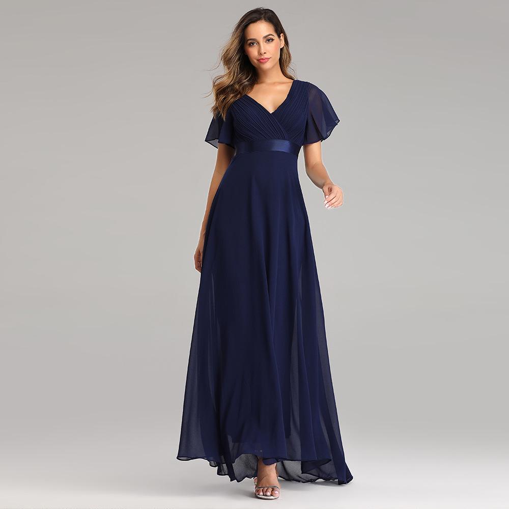 GMXIA Frühling Sommer Handgefaltetes Großes Schwingendes Doppel-V-Ausschnitt Kleid Ausgestellte Ärmel Elastischer Chiffon Bankett Brautjungfer Übergröße Abendkleid L dunkelblau