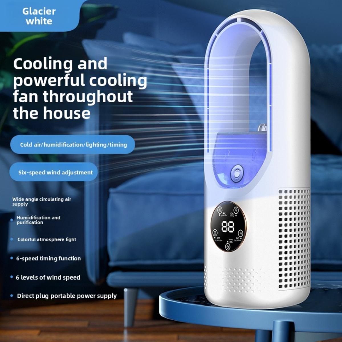 Tragbarer Klimaventilator USB Turmventilator Desktop Ventilator ohne Rotorblätter - Wassermistkühlung, Siebenfarbiges LED-Umgebungslicht, Timer und Intelligente Abschaltung 1pcs weiß