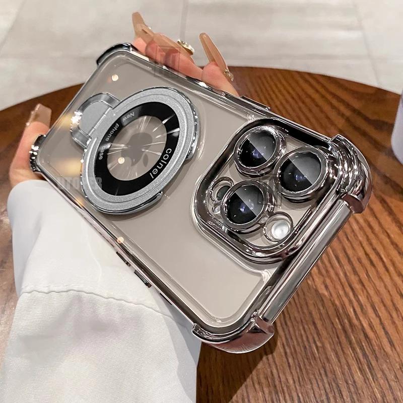 Luxuriöse Neue Flip-Halterung Transparente Hülle für iPhone 16 15 14 13 11 12 Pro Max Plus Magsafe Magnetische Beschichtung Stoßfeste Hülle For iPhone 15 Pro