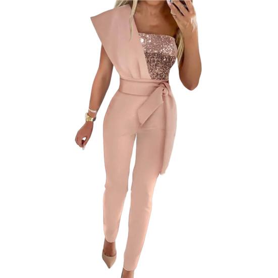 Frauen Pailletten Sharkly Shiny Party Overall Frühling Eleagnt Schulter Drapierte Büro Overall Sommer Aushöhlen Gerade Overalls M rosa