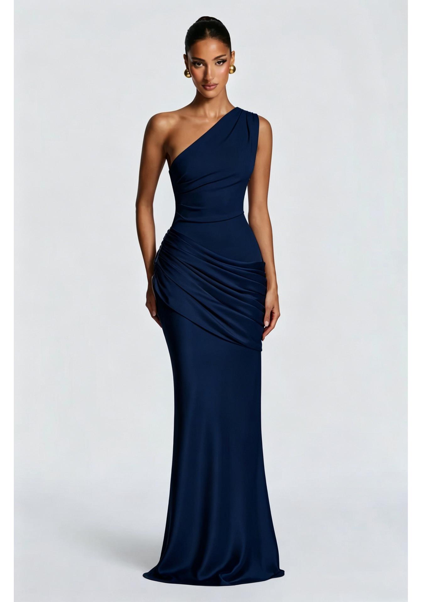 2026 Sommer Europäischer & Amerikanischer Stil Ein-Schulter Satin Meerjungfrau Abendkleid. Small dunkelblau