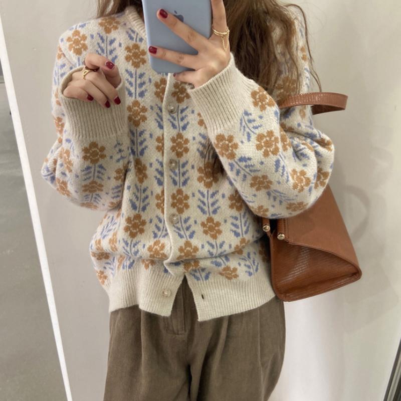 Herbst Strickjacke Frauen Koreanischen Winter Elegante Gedruckt Kalt Bluse Mode Kleidung Pullover Blumen Gestrickte Pullover Strickjacke Y2K Streetwear M beige
