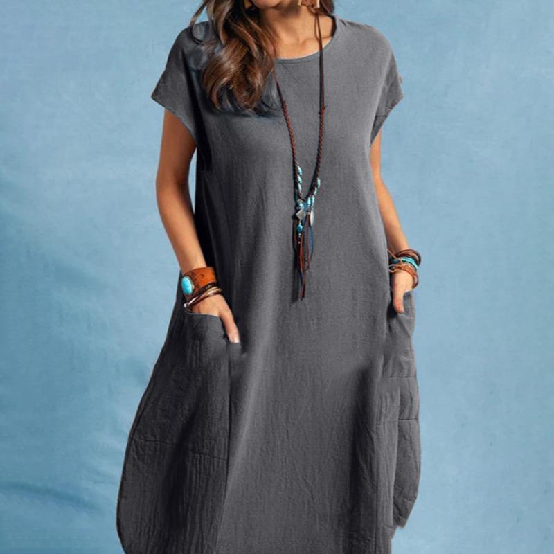 ZANZEA Damen-Kleid mit O-Ausschnitt und kurzen Ärmeln, einfarbig, lockeres Sommer-beiläufiges kurzes Kleid S dunkelgrau