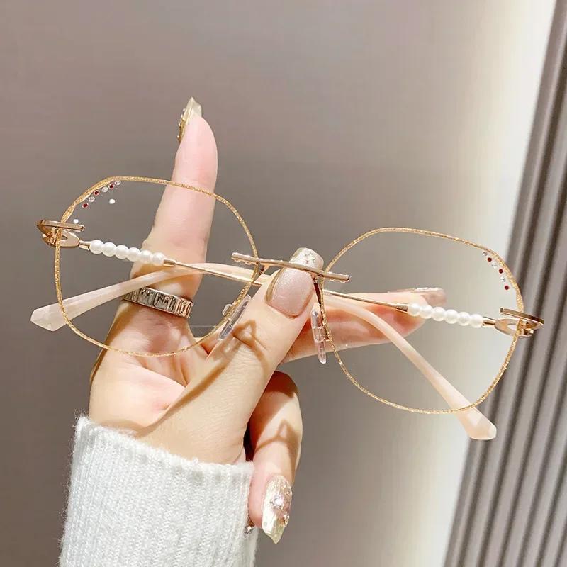 Stilvolle und beliebte rahmenlose Lesebrille für Damen mit Metallrahmen, Diamantschliff, Anti-Blaulicht 2.0