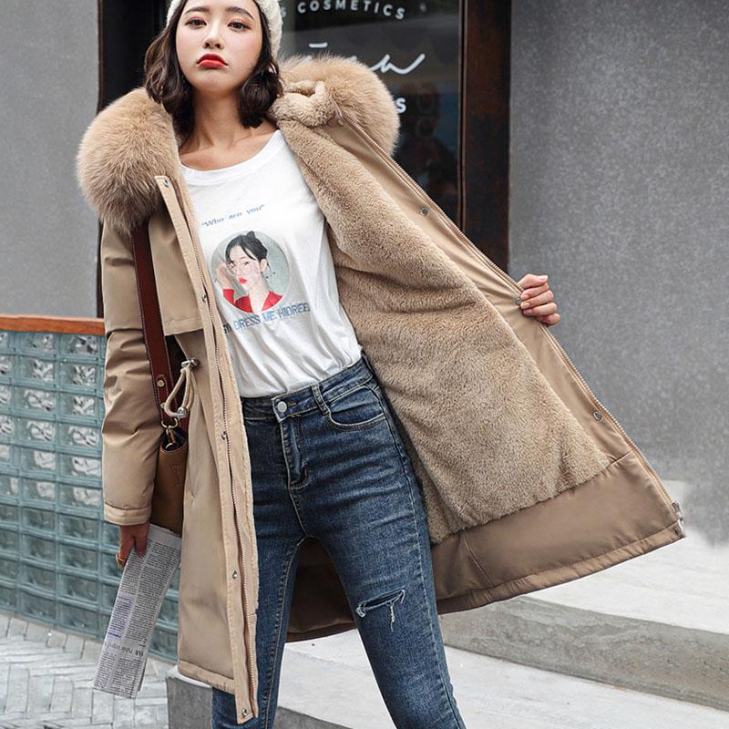 Winter Damen Baumwolle gefütterte Jacke mittellang großer Pelzkragen plus Fleece Daunen gepolsterte Jacke gepolsterter Mantel M khaki