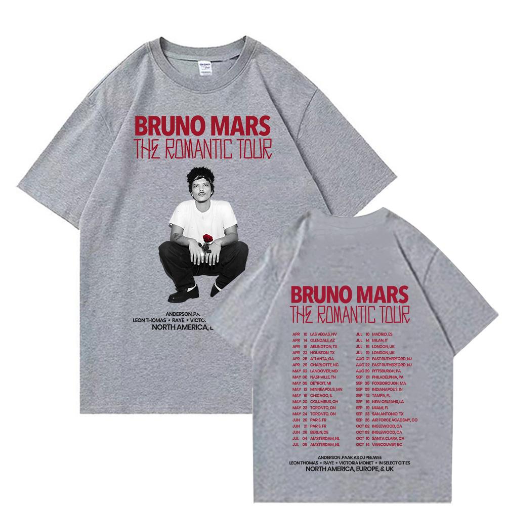 Bruno Mars The Romantic 2026 Tour T-Shirt Bruno Mars T-Shirt Unisex Jugend- und Erwachsenen-T-Shirt Konzert-Outfits Baumwolle Komfortable Schicke Oberteile XS graue