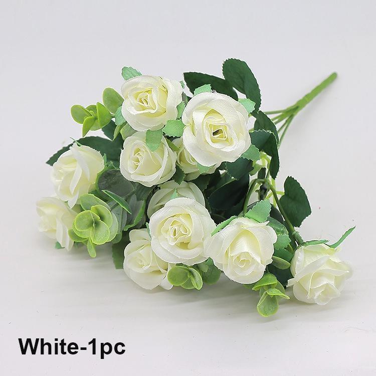 Künstliche Blumen mit 10 Köpfen, Seidenrose, rote Eukalyptusblätter, Pfingstrosenstrauß, künstliche Blumen für Hochzeit, Tisch, Party, Vase, Heimdekoration weiß