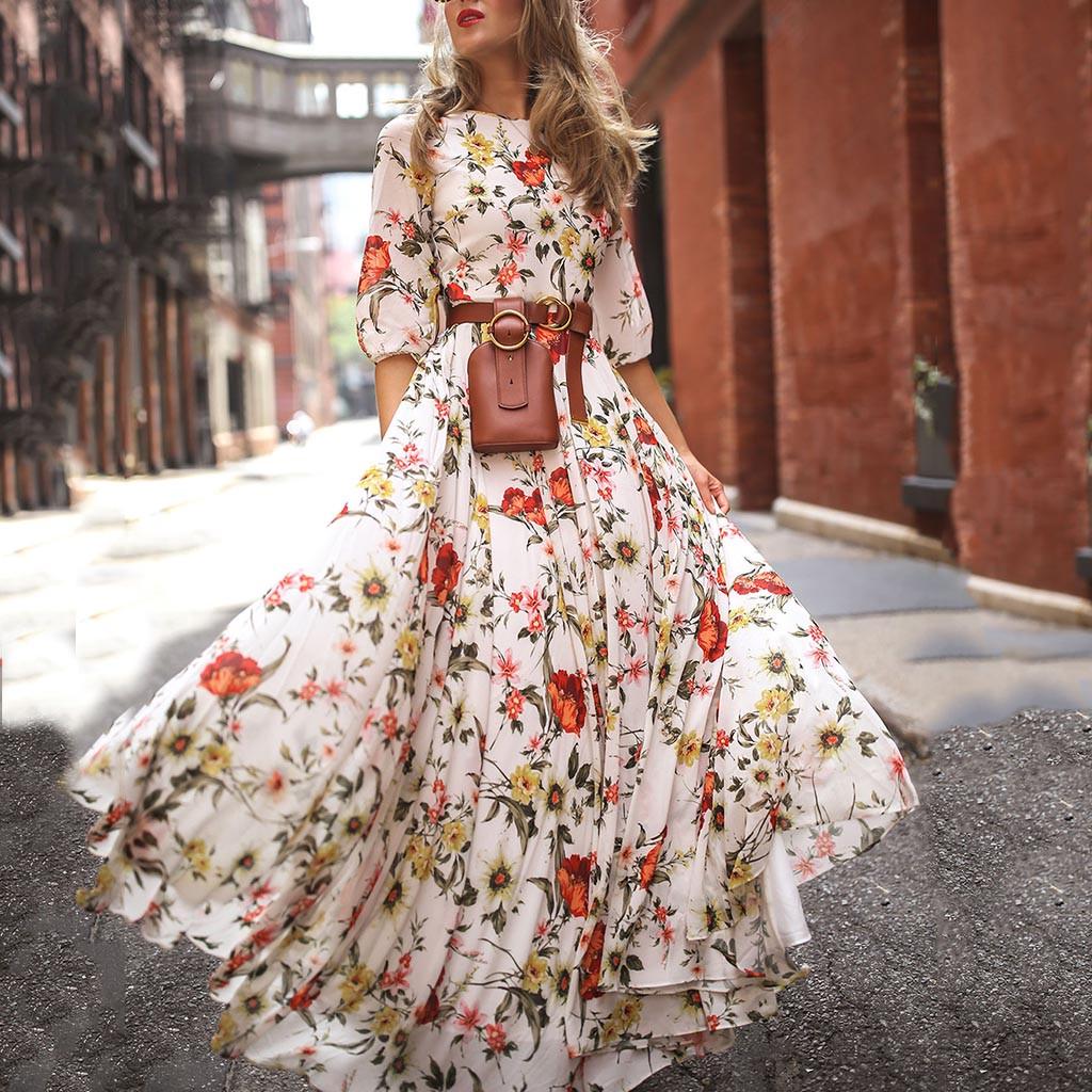 Neues, lässiges, elegantes, halbärmeliges Boho-Swing-Maxikleid mit Blumenmuster für Damen, Strandkleid, Party-Abendkleid L weiß