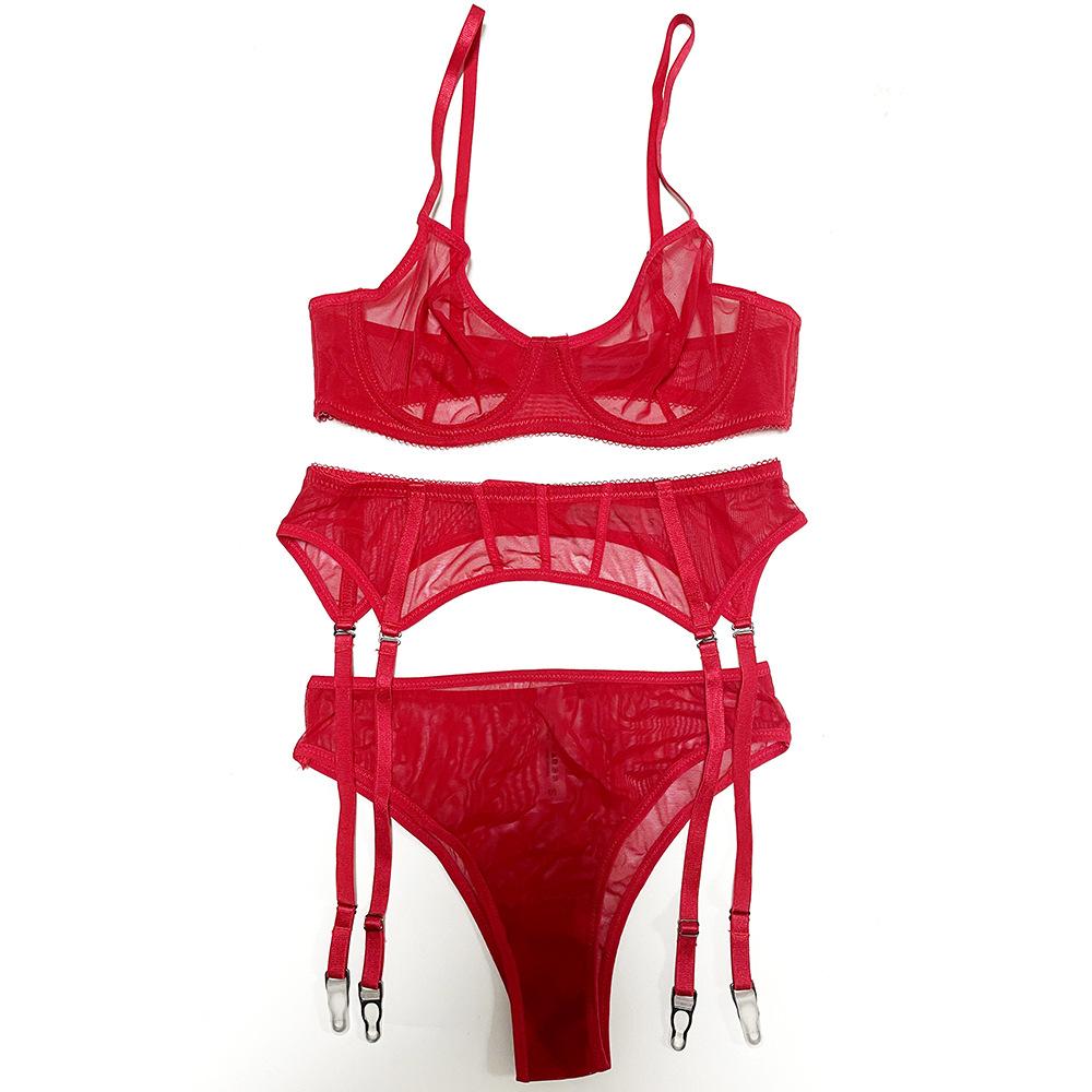 Neue Frauen Unterwäsche Sexy Spitze Ultra-dünne Push-Up Bh Set Transparent Mesh Versuchung Dessous 3-teiliges Set bhs + Höschen + Strumpfband S rot