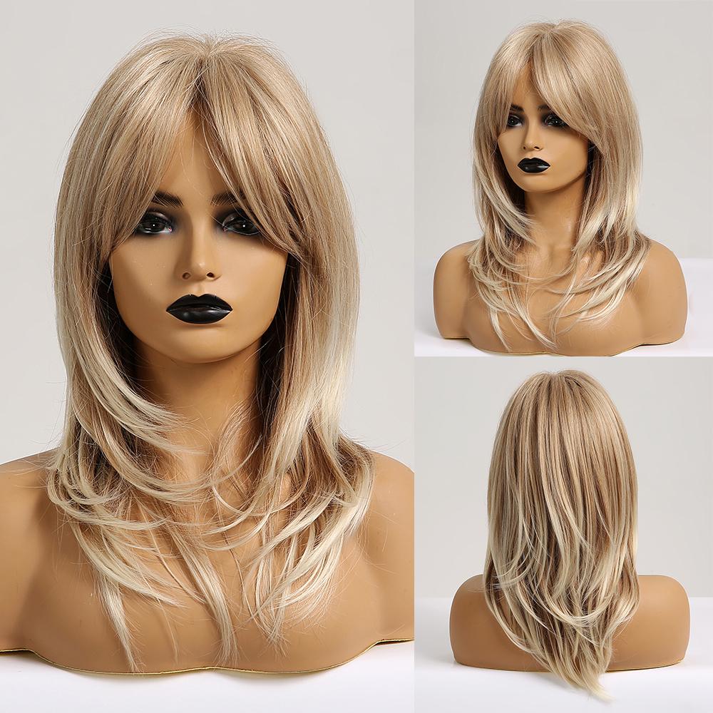 ALAN EATON Blonde goldene Kunsthaar-Perücken mit langem Pony, natürliche geschichtete Perücke für Frauen, tägliches Cosplay