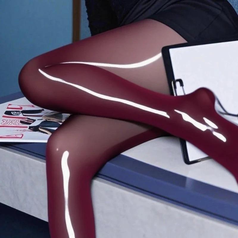 1 Paar Damen Übergröße Hochtaillierte Glänzende Transparente Strumpfhose Ultra Dünn Ganzjahres-Tragekomfort Sexy Pferdeöl Strumpfhose Leggings Socken One Size wein rot