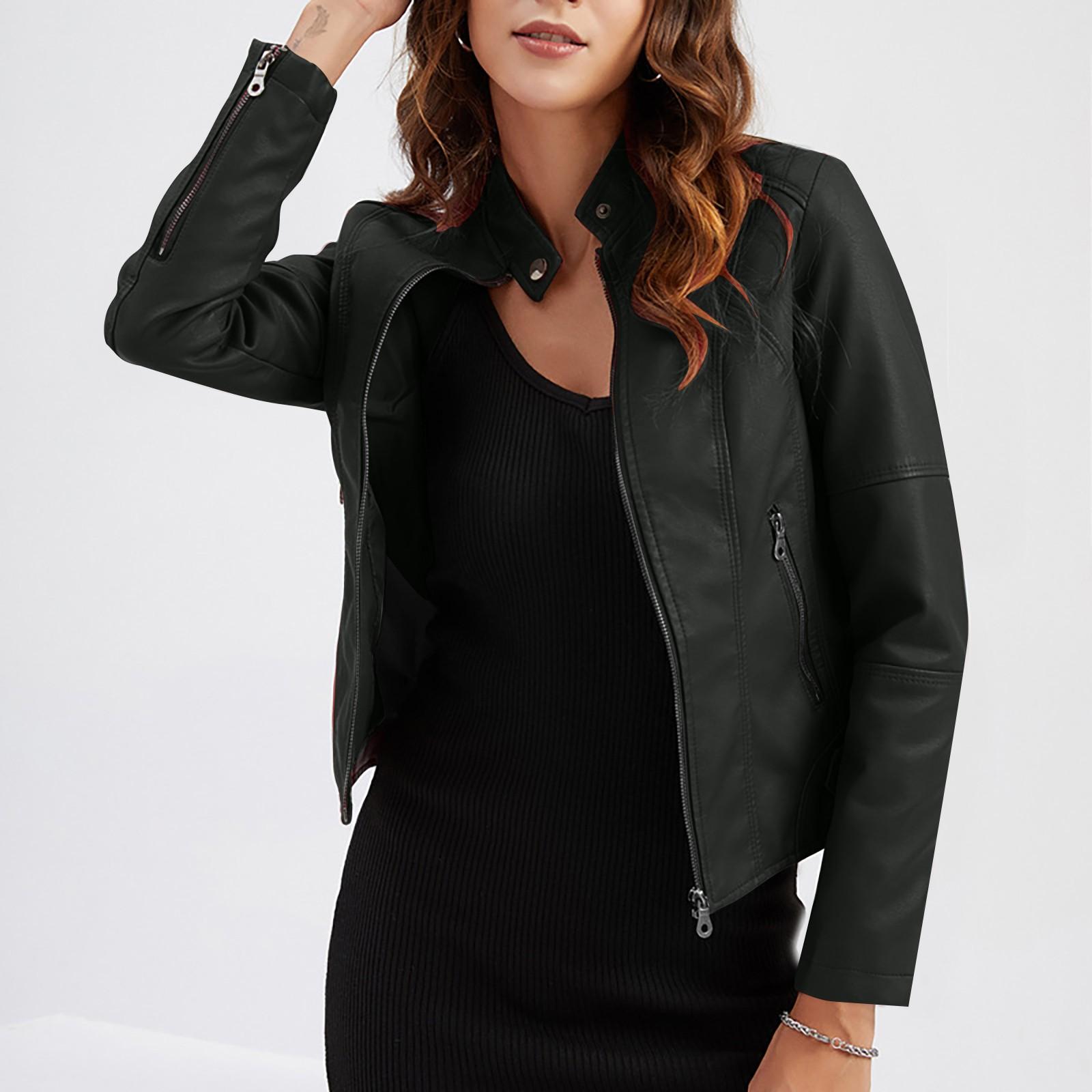 Damen Slim Fit Jacke Damen Motorradbekleidung, Stehkragen Lederjacke M schwarz
