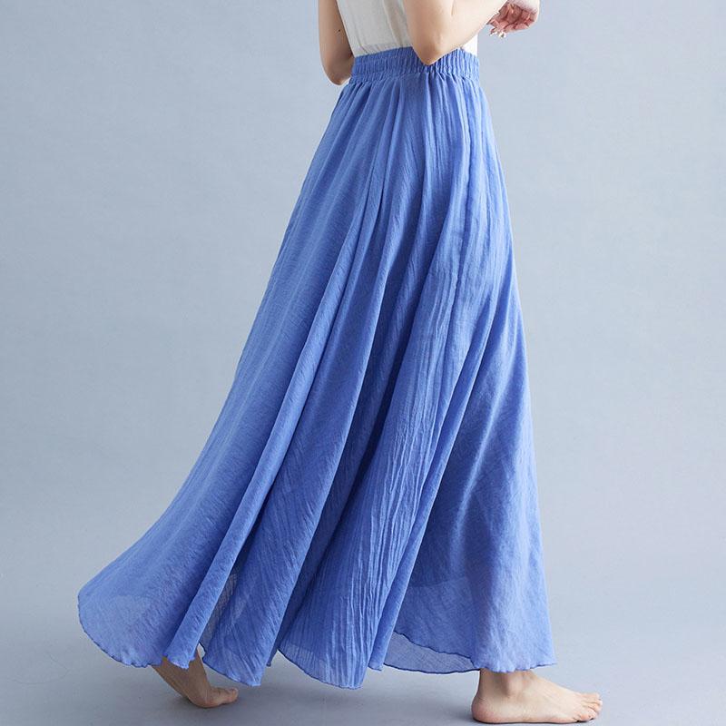 Sommer Herbst Damen Rock Literarisch Große Baumwolle Leinen Halbrock Elastische Taille Leinen A-Linie Rock Langer Abschnitt Reine Farbe Wind Swing Rock L royal lila