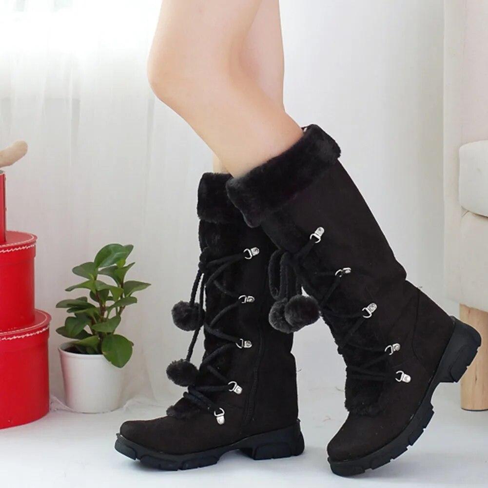 Frauen Pelz Stiefel Damen Winter Schuhe Frau Zipper Casual Knie Stiefel Warm Halten Schnee Stiefel Schwarz Mode Dicke Stiefel 38 schwarz