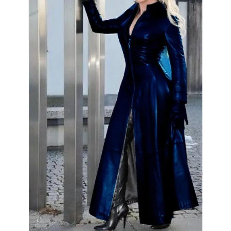 Damen Slim-Fit Reißverschluss Split Großer Mantel Herbst Winter Kunstleder Trenchcoat Damen Langarm Stehkragen PU Trenchcoat XXXXXL navy blau