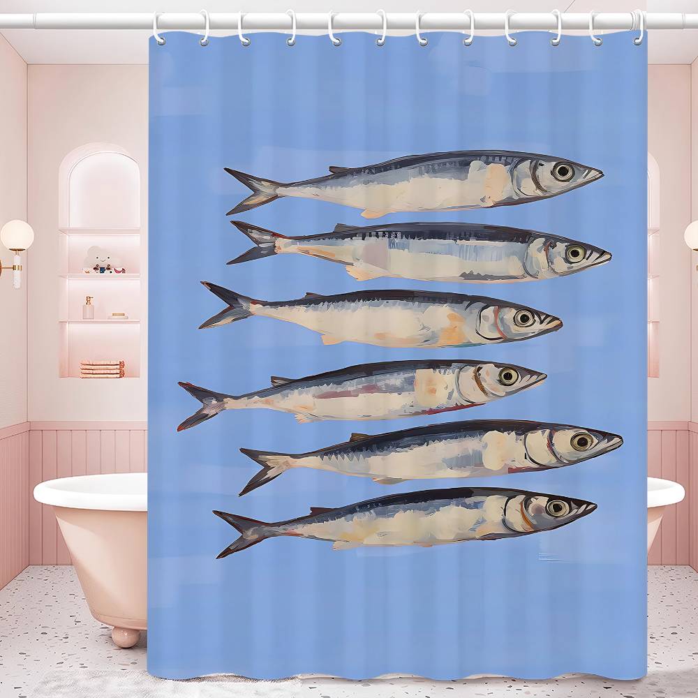 Bunte Sardine Hummer Fisch Ozean Badezimmervorhang Klassischer Anime Stoff Duschvorhang mit 12 Haken Wasserdichte Badezimmerdeko 90x180 cm
