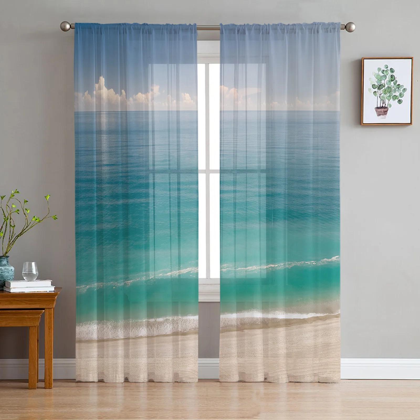 Sandstrandwellen Palmen Transparente Vorhänge zur Wohnzimmerdekoration Tüll Voile Organza Fenstervorhänge für Küche Schlafzimmer W135 x H115cm x1&Rod Pocket