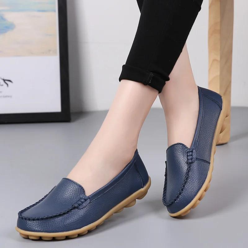 Echte Lederschuhe für Damen, weiche Bootsschuhe für Damen, flache Schuhe, große Größe 35–44, Damen-Loafer, rutschfeste, robuste Sohle 43 dunkelblaue