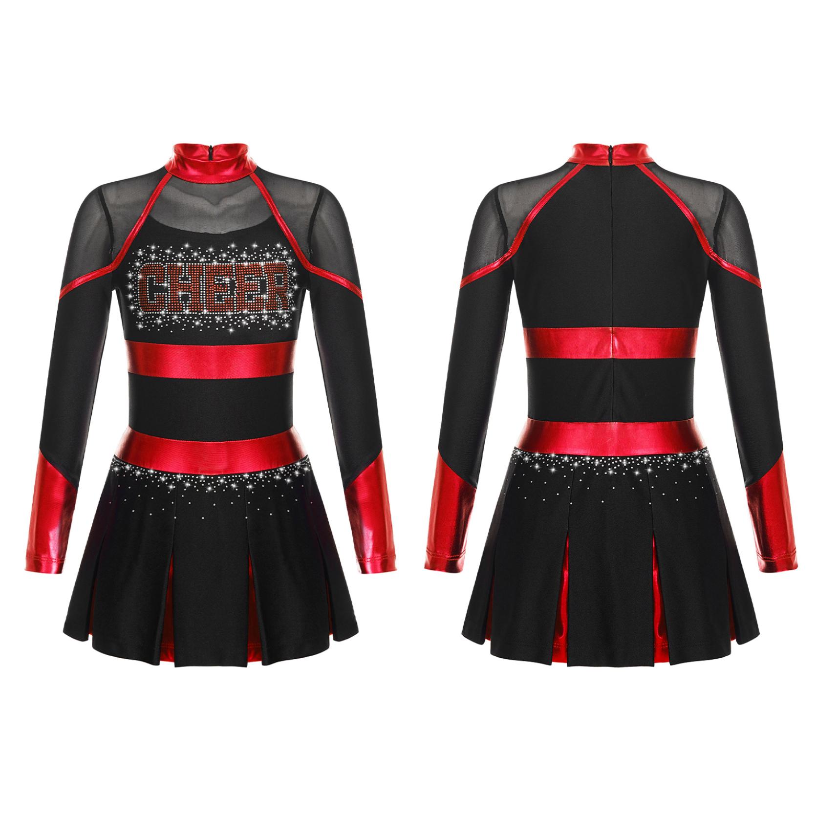 Mädchen Langarm Cheerleading Uniform Tanzkleid Karneval Dancewear Kinder Cheerleading Tanzkleid 15-16 Years rot/schwarz