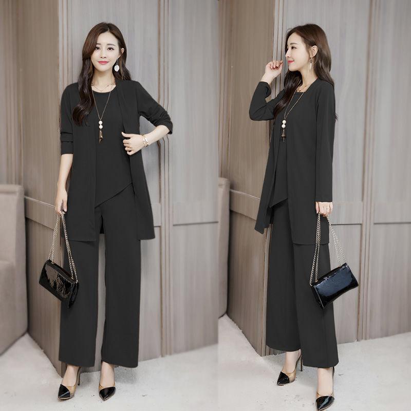 3-teilige Damen-Sets Herbst Winter Mode Weste+Top+Hose Dünne Mode Damen Dreiteiler Damen Set Kleidung M schwarz
