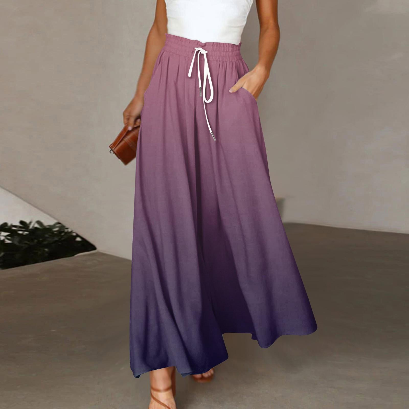 Damenhose mit Boho-Print, elastische Hose mit hoher Taille, lässige lange Hose mit weitem Bein und Tasche L violett