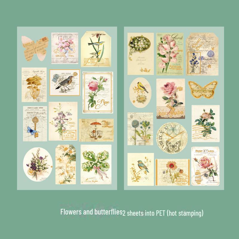 Yuezhen Retro-Notizbuchaufkleber mit Goldprägung für Kinder – 2 süße Stücke Flowers and butterflies