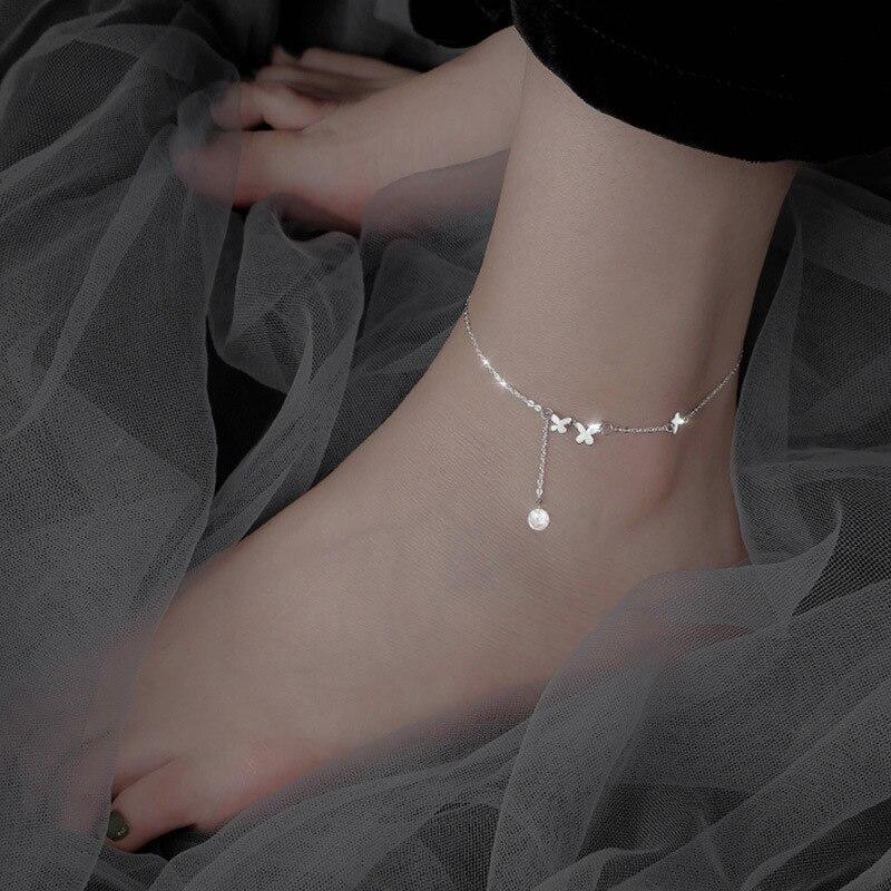 925 Sterling Silber Quaste Schmetterling Charm Anhänger Fußkettchen Party Strand Schmuck Für Frauen Mädchen Sl181 gray