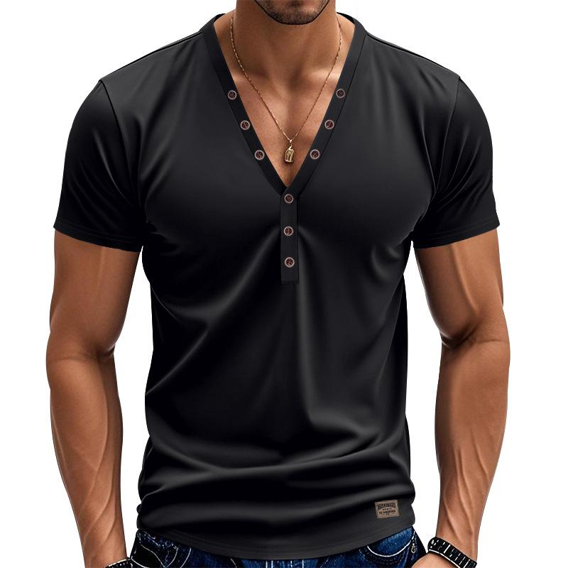 Herren Kurzarm Henley Shirts Lässig Einfarbig Kurzarm T-Shirt für Herren Polo Herren Baumwolle Herren T-Shirts S schwarz