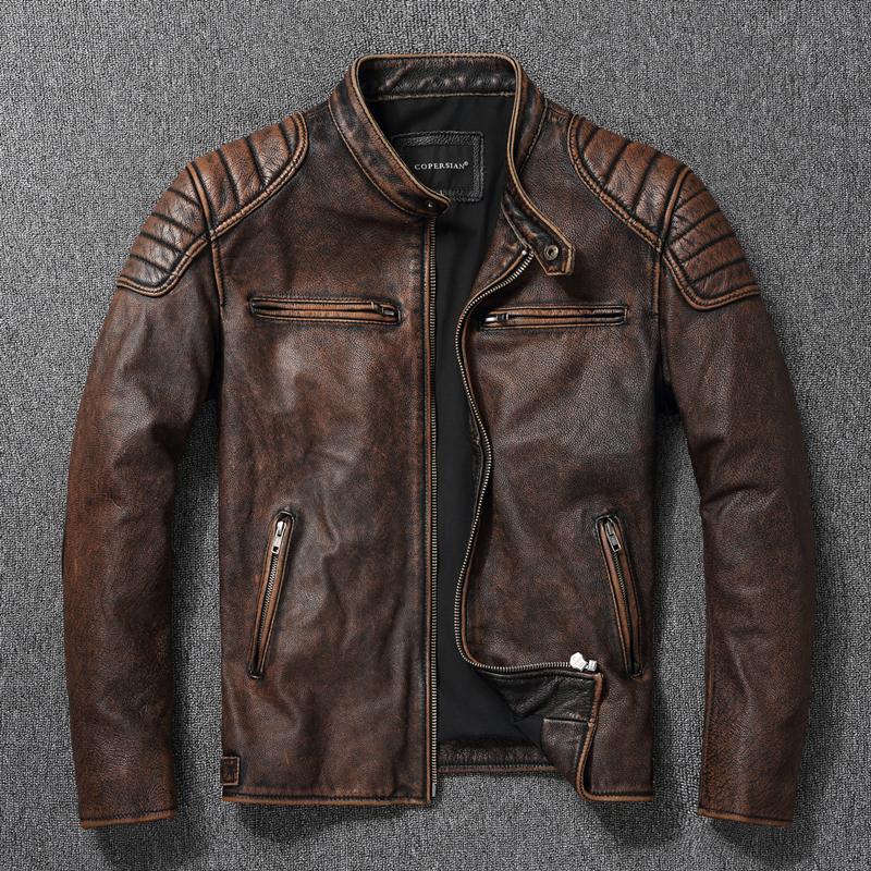 Neue Lederjacke Top Schicht 100% Rindsleder Kleidung männer Stehkragen Motorrad Kleidung Herbst Winter Plus Größe L black