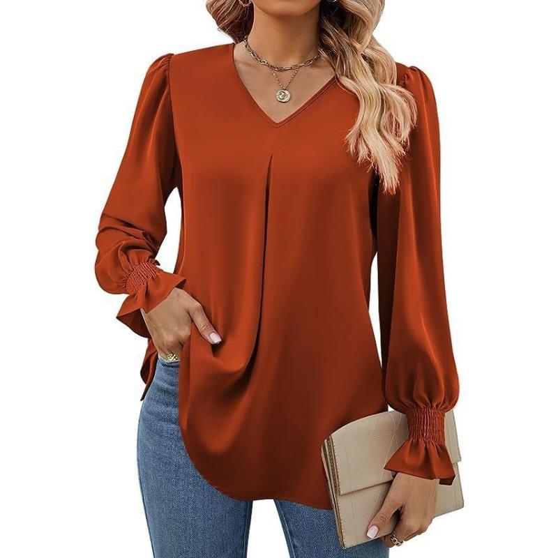 Damen Einfarbig Chiffon Pullover V-Ausschnitt Pullover Ausgestellt Langarm Bluse Bluse L